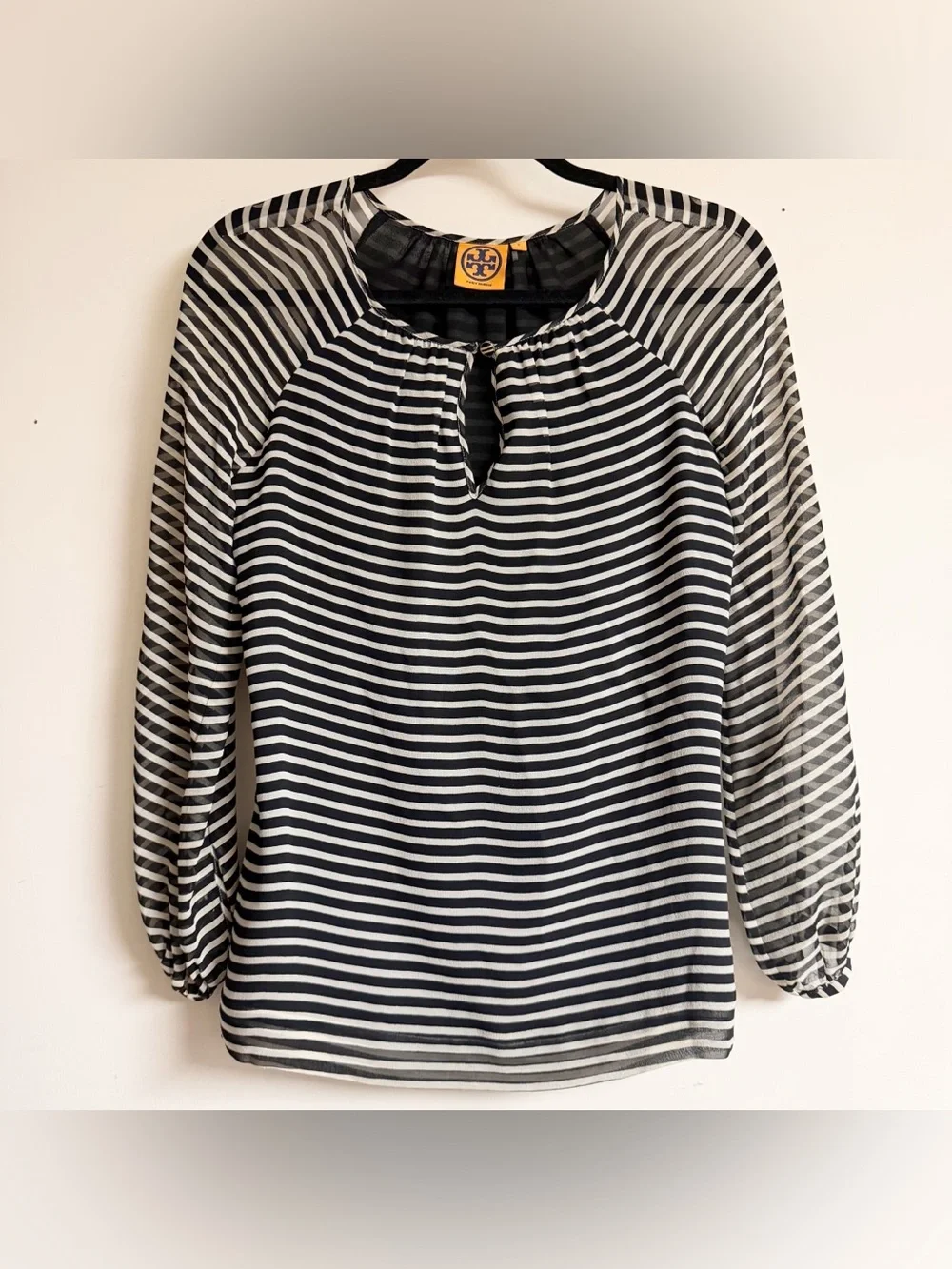 Tory Burch Black and White Striped Keyhole 100% Silk Blouse Size 2